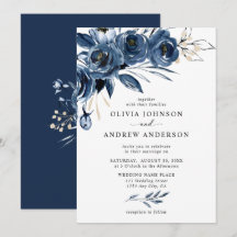 Elegant marinblå silver vattenfärg blommande bröll