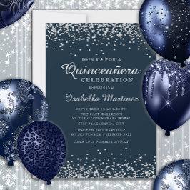 Elegant marinblå silverkonfetti Quinceañera Inbjudningar