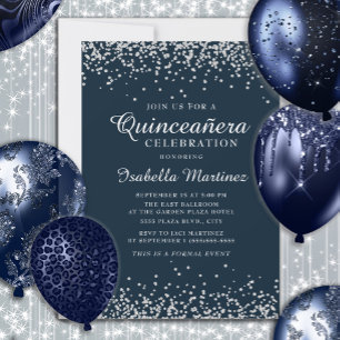 Elegant marinblå silverkonfetti Quinceañera Inbjudningar