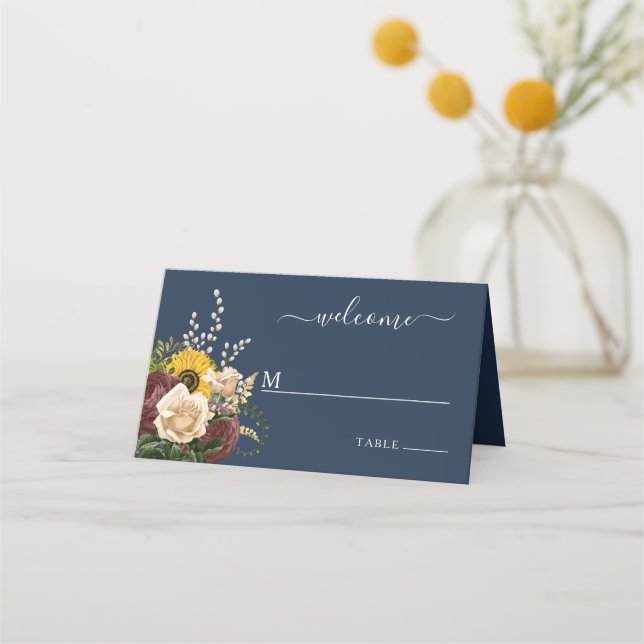 Elegant marinblå solros blomsterbröllop placeringskort (Framsida)