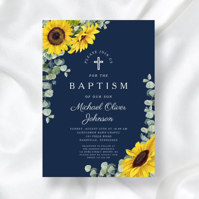 Elegant marinblå solros kors dop  inbjudningar (Elegant Navy Blue Sunflower Cross Baptism Invitation)