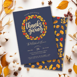 Elegant marinblå Thanksgiving höstlövskrans Inbjudningar