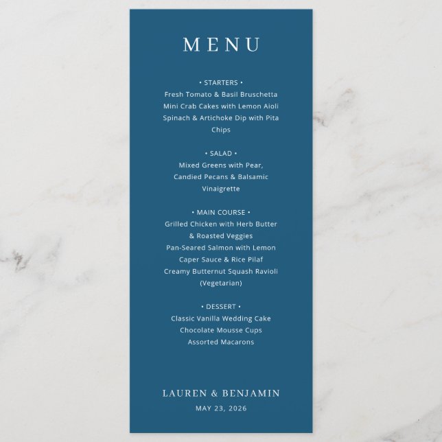 Elegant marinblå typografisk meny (Framsida)