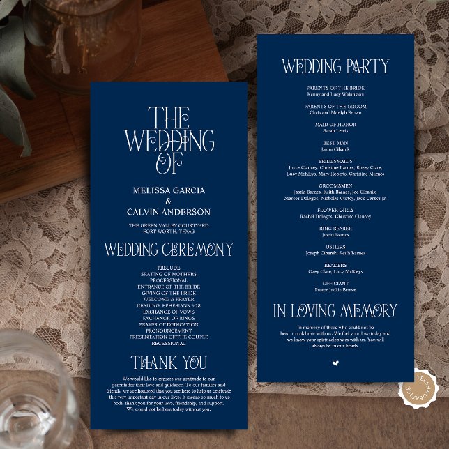 Elegant marinblå typsnittsbröllopsprogram program (Elegant Navy Blue Typography Modern Romantic Wedding Program Card)