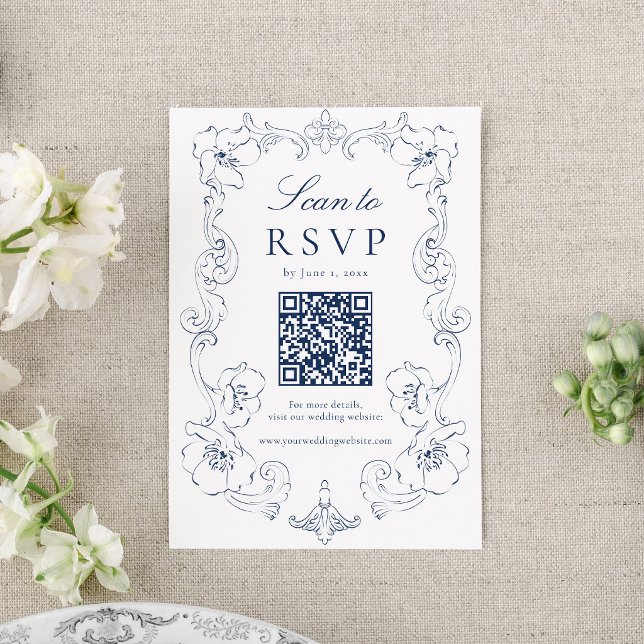 Elegant Marinblå Utsmyckad Blommig QR-kod Bröllop OSA Kort (Skapare uppladdad)
