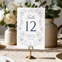 Elegant marinblå utsmyckad blomsterkant bröllop bordsnummer