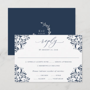 Elegant marinblå vintage klassisk bröllops-RSVP-bi OSA Kort