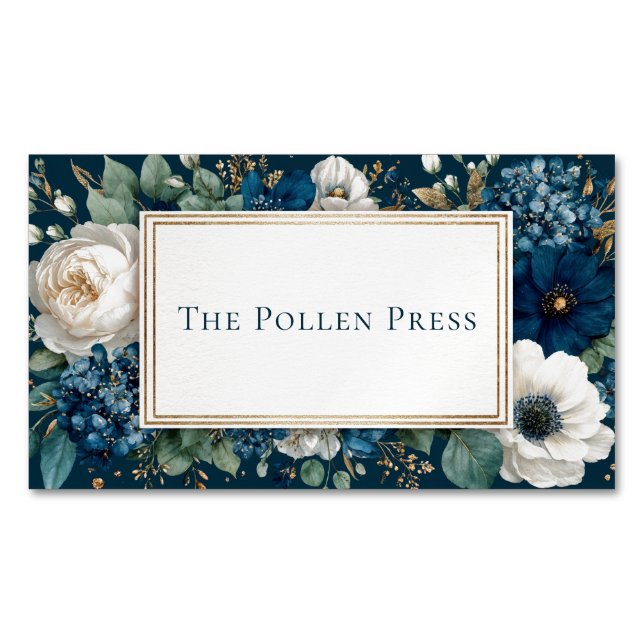 Elegant marinblå vit blommig guldglittrande ram magnetiska visitkort (Framsida)