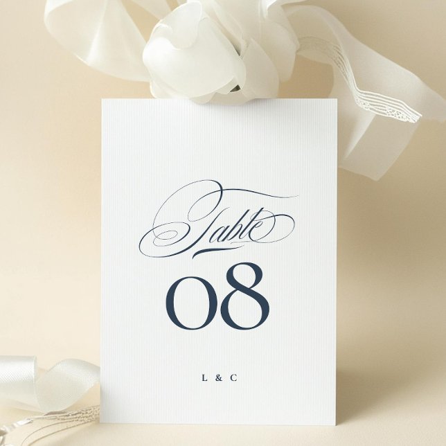 Elegant marinblå vit bröllopsbord nummer 5 x 7 inbjudningar (Skapare uppladdad)