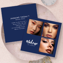 Elegant marinblå vit script 3 foto makeup fyrkantigt visitkort