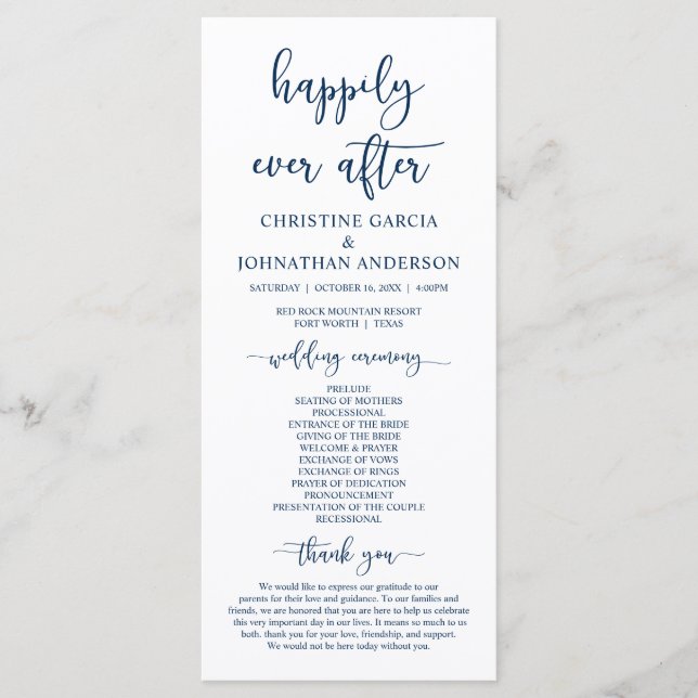 Elegant, marinblått, Bröllop Ceremony Program (Framsida)