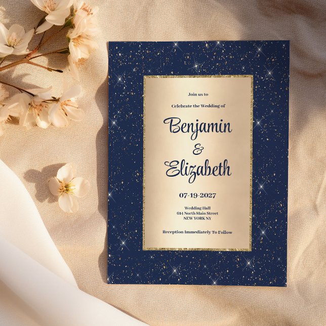Elegant marinblått guld glitter konetti Bröllop Inbjudningar (Elegant navy blue gold glitter confetti Wedding )