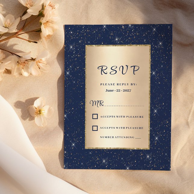 Elegant marinblått guld glitter konetti OSA Inbjudningar (Elegant navy blue gold glitter confetti RSVP)