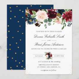 Elegant, marinblått och burgundärt blommigt bröllo inbjudningar