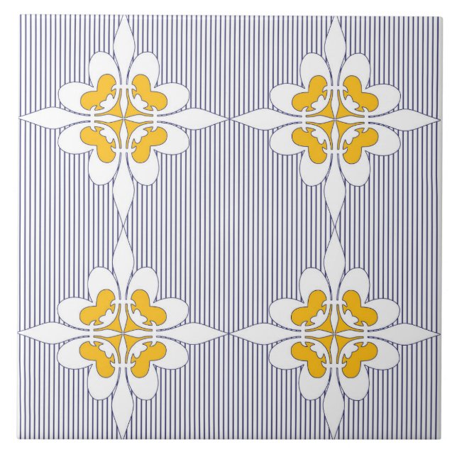 Elegant, marinblått, rand, senap, gult, vitt kakelplatta (Framsidan)