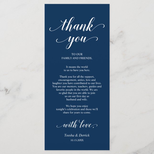 Elegant, marinblått, Ställe-inställning - tackkort Program (Framsida)