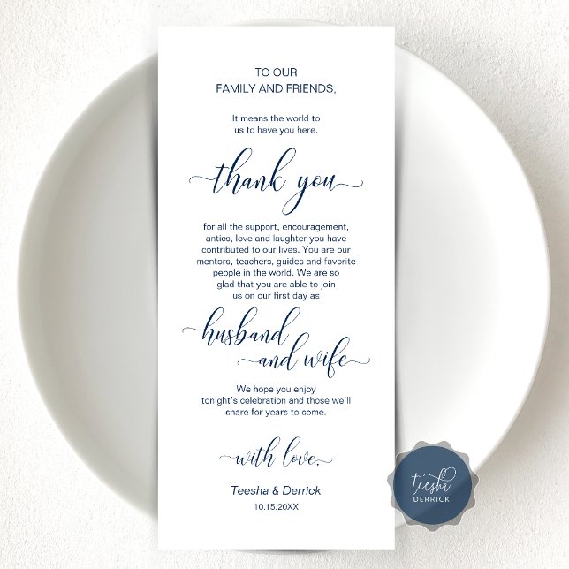Elegant, marinblått, Ställe-inställning - tackkort Program (Wedding Dinner or Elopement Brunch Place Setting Thank You Card, In Modern Classy Navy Blue)