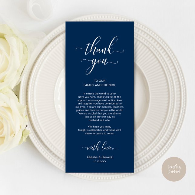 Elegant, marinblått, Ställe-inställning - tackkort Program (Wedding Dinner Place Setting Thank You Card, Modern Classy Design, Navy Blue)