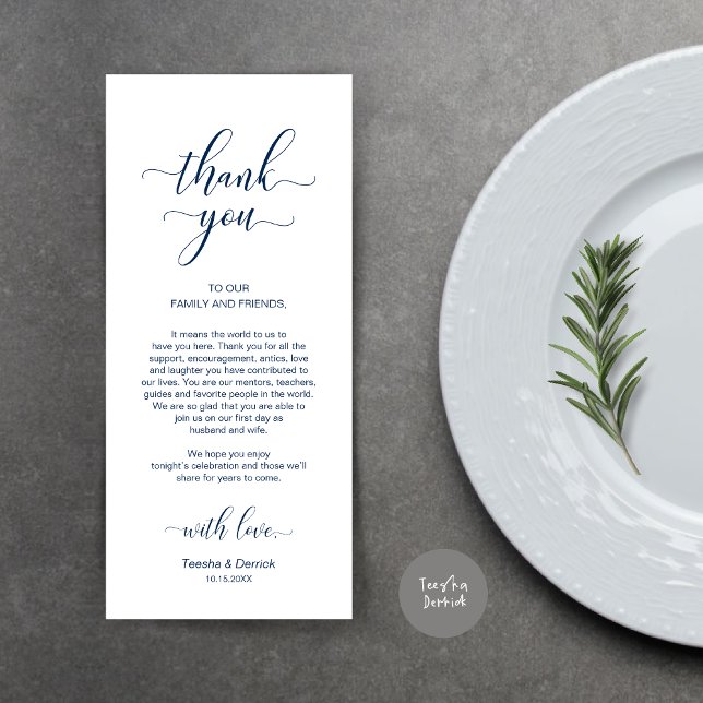 Elegant, marinblått, Ställe-inställning - tackkort Program (Wedding Dinner Place Setting Thank You Card, Modern Classy Design, Navy Blue)