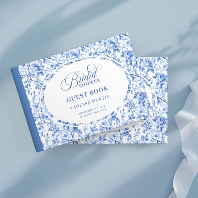Elegant marinblommig bröllopsdusch i toiletryck gästböcker (Sophisticated Navy Blue Floral Toile Bridal Guestbook)