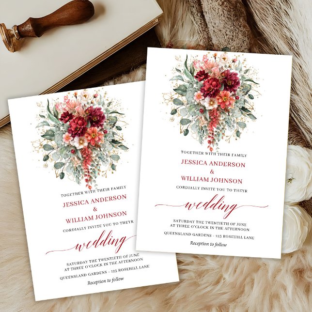 Elegant marinblommig eucalyptus höstbröllopsinbjud inbjudningar (Chic Maroon Floral Eucalyptus Fall Wedding Invite

)