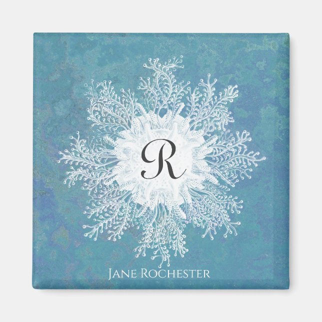 Elegant Marine Coral Blue Grönt Coral Monogram Magnet (Framsidan)