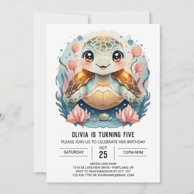 Elegant Marine Turtle Girl Birthday Inbjudningar (Framsida)