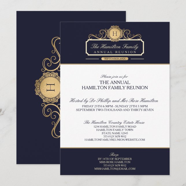 Elegant marinen Guld Monogram årsfamiljeåterföreni Inbjudningar (Fram/baksida)
