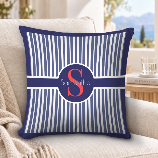Elegant marinröd randig initialmonogram kudde (Skapare uppladdad)