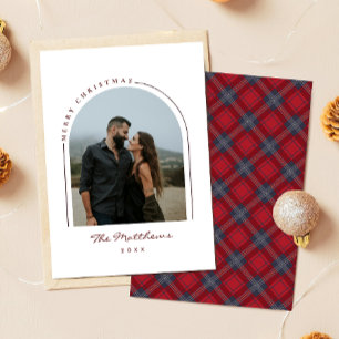 Elegant marinröd tartan-rutig valv familjefoto julkort