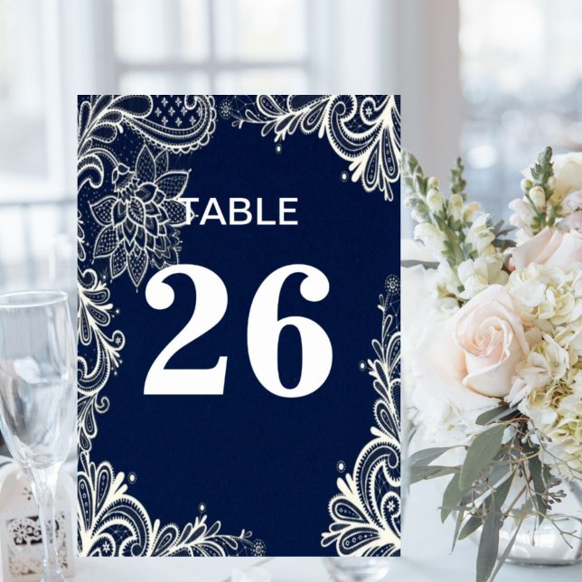 elegant marinstrandvit snöre marinblått bordsnummer (elegant nautical beach white lace navy blue table number)