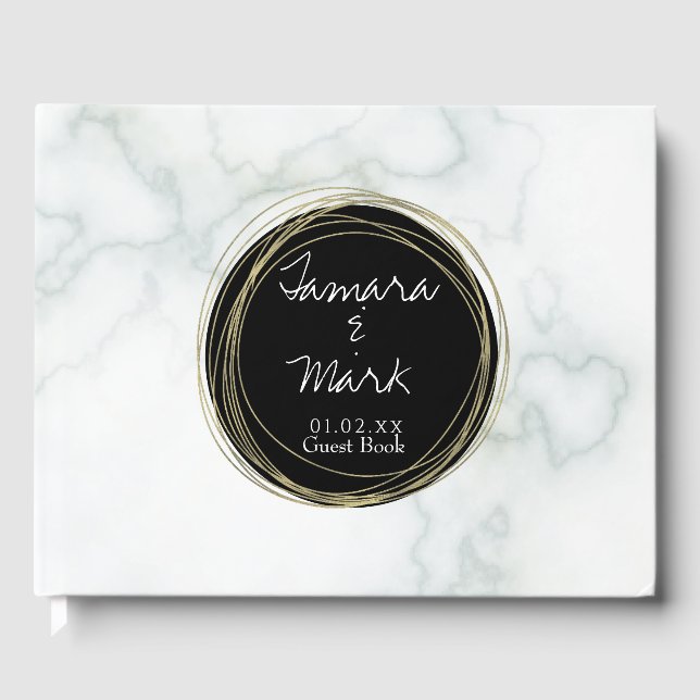 Elegant marmor falskt guld cirkulärt brölloppslogo gästböcker (Framsida)