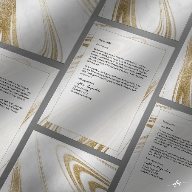 Elegant marmor guld brevhuvud (Two-sided letterhead layout for structured, polished business correspondence.)