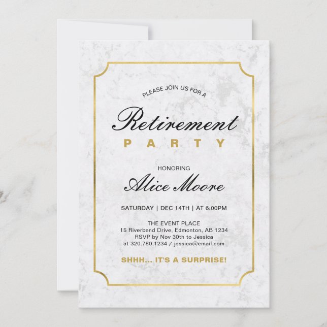 Elegant marmor & guld | Överraskningsavskedsparty Inbjudningar (Framsida)