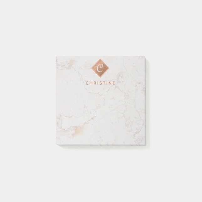 Elegant marmor kopparmonogram Brun Namn Vit Post-it Block (Framsida)