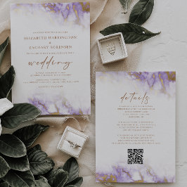 Elegant marmor lavendel guld QR-kod bröllop Inbjudningar