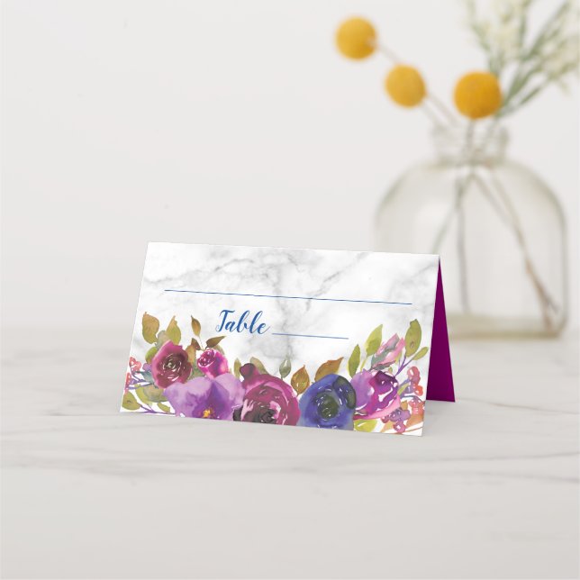 Elegant marmor vattenfärg blom- guldbröllop placeringskort (Framsida)