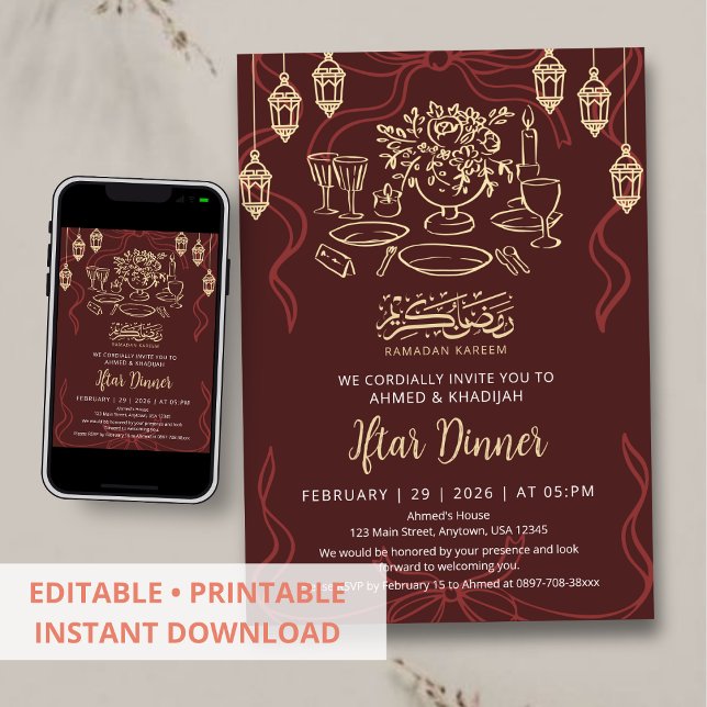 Elegant Maroon and Gold Ramadan Iftar Dinner Inbjudningar (Skapare uppladdad)