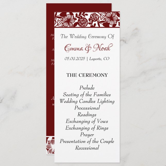 Elegant Maroon-Burgundy Bröllop-plattprogram Program (Fram/baksida)