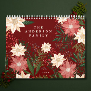 Elegant Maroon Family Namn Poinsettia jul Kalender