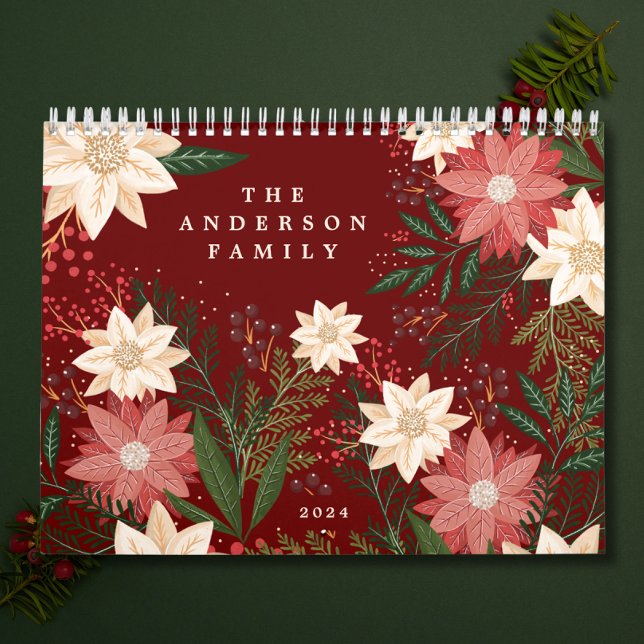 Elegant Maroon Family Namn Poinsettia jul Kalender (Skapare uppladdad)