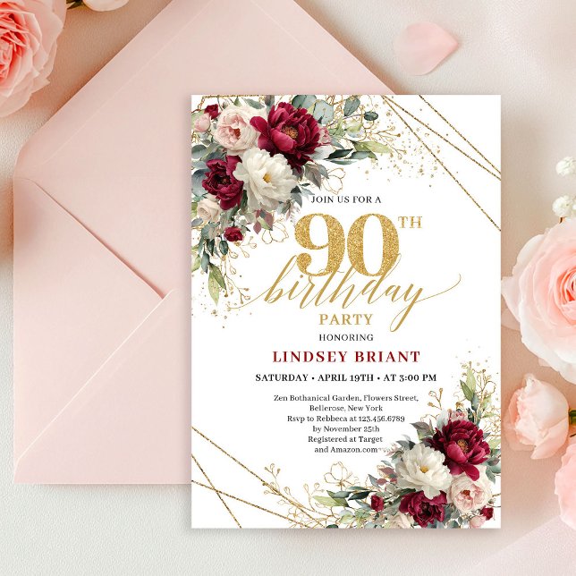 Elegant Maroon Gold Floral 90th Birthday Invite  Inbjudningar (Elegant Maroon Gold Floral 90th Birthday Invite Card

)