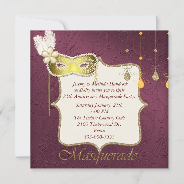 Elegant Maroon & Gold Maskeradfest Inbjudan (Framsida)