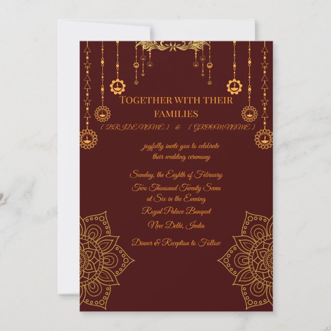 Elegant Maroon & Gold Wedding Invitation Inbjudningar (Framsida)