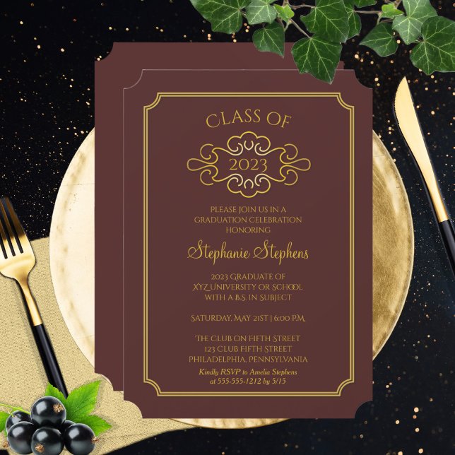 Elegant Maroon | Guld College Graduation Party Inbjudningar (Skapare uppladdad)