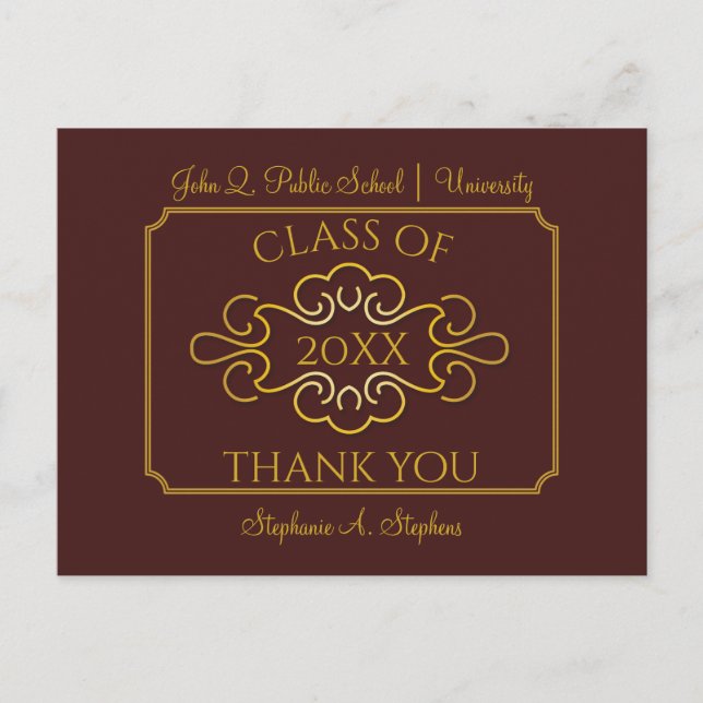 Elegant Maroon | Guld College Graduation Tack Vykort (Framsida)