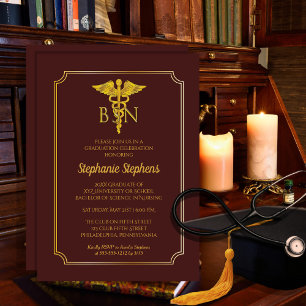 Elegant Maroon Guld Nurse BSN Studentfest Inbjudningar