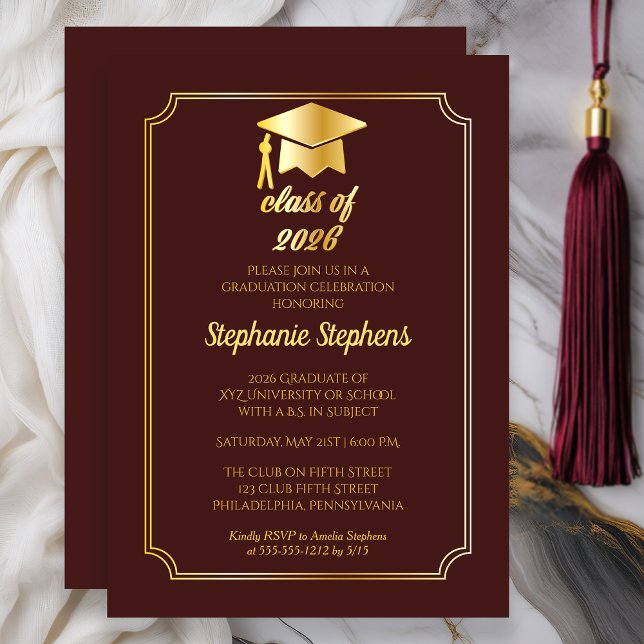 Elegant Maroon | Guld rand College-examensfest Inbjudningar (Class of 2026 Elegant Maroon Gold College Graduation Party)