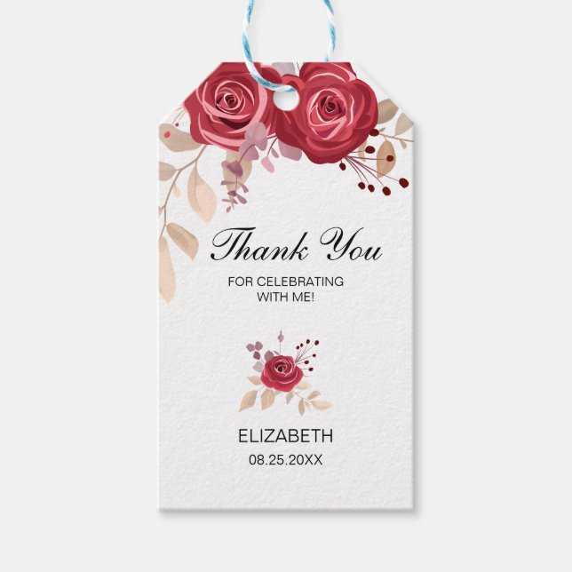 Elegant Maroon Ro Blommigt Greenery Birthday Presentetikett (Framsidan)