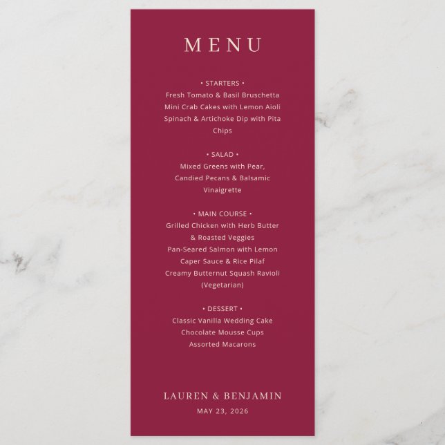 Elegant Maroon Wedding Menu Meny (Framsida)